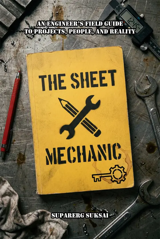Cover of The Sheet Mechanic: a worn yellow field manual lying on a scratched steel workbench, stencilled title and a crossed pencil and wrench, with a wrench, digital calipers and a red pencil around it.