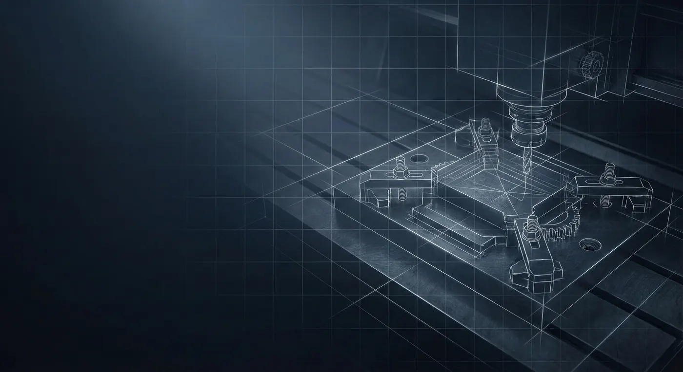 Blueprint linework of a CNC milling machine cutting a custom metal fixture.