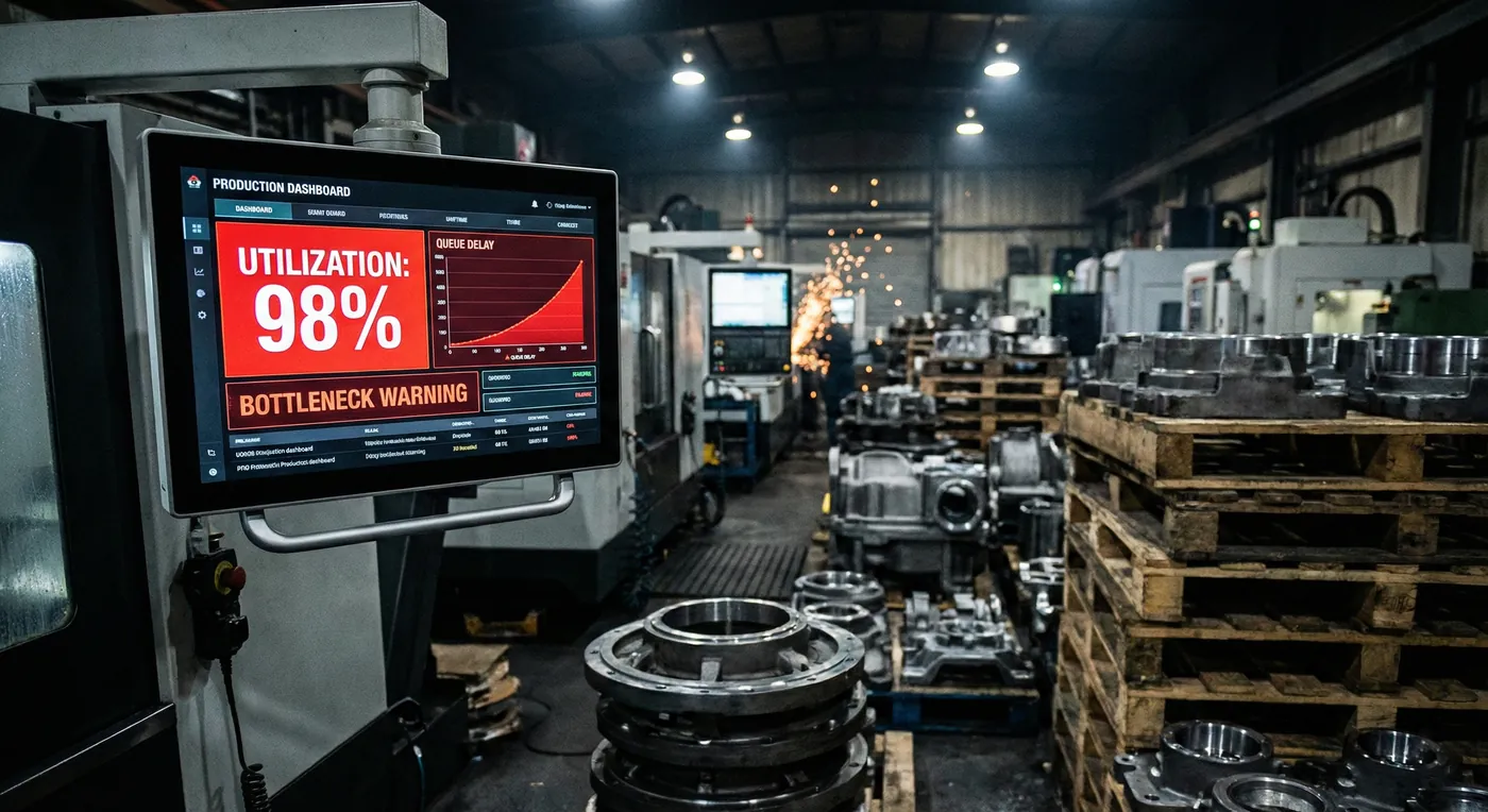 Dark industrial CNC machine shop with a dashboard showing 98 percent machine utilization and a large queue of delayed parts.