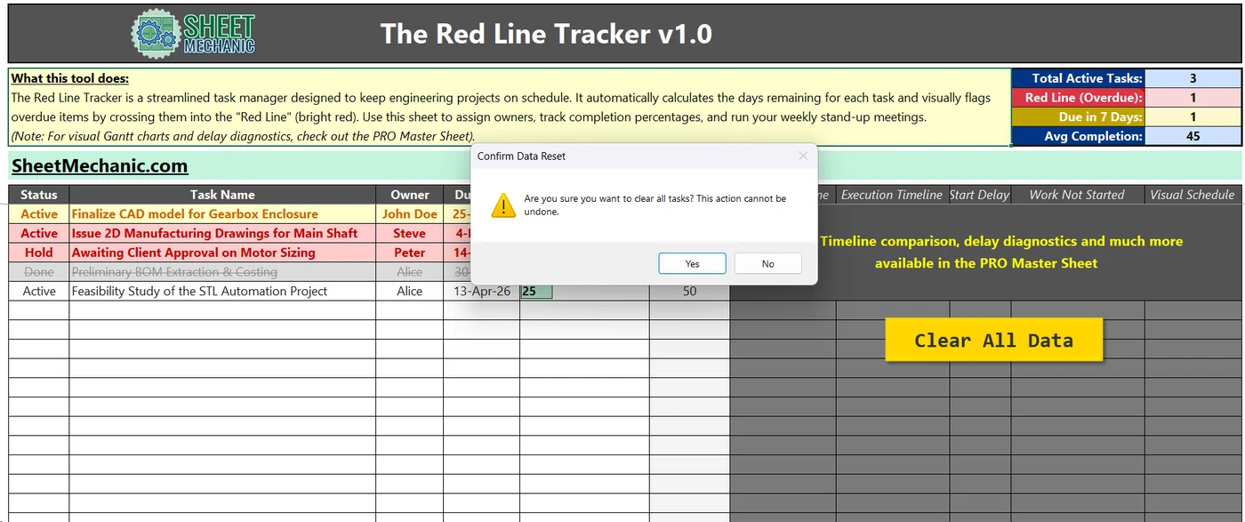 VBA macro warning prompt confirming a data reset in the Red Line Tracker Excel template.